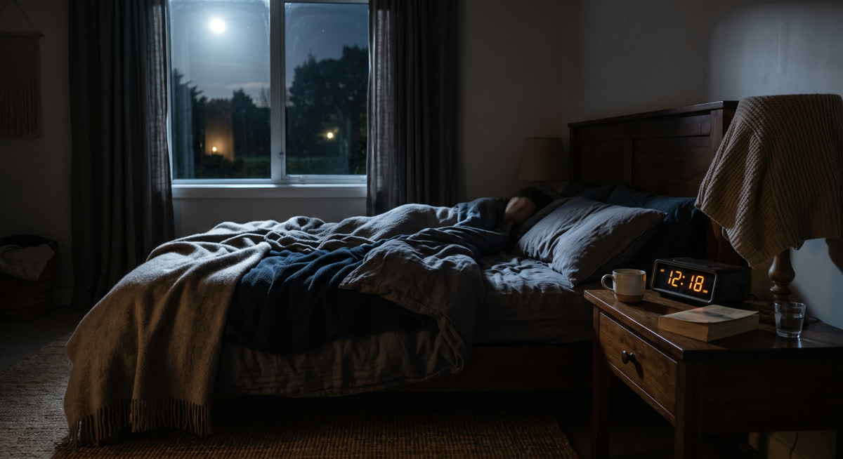 Kamar tidur remang dengan jam weker di meja samping tempat tidur, menggambarkan seseorang yang sulit tidur di malam hari