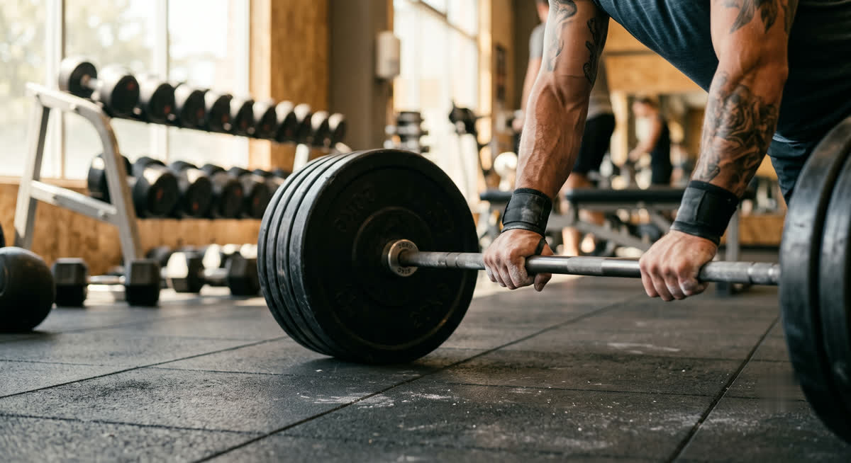 Pemula sedang melakukan latihan beban dengan dumbel di gym sambil dipandu instruktur