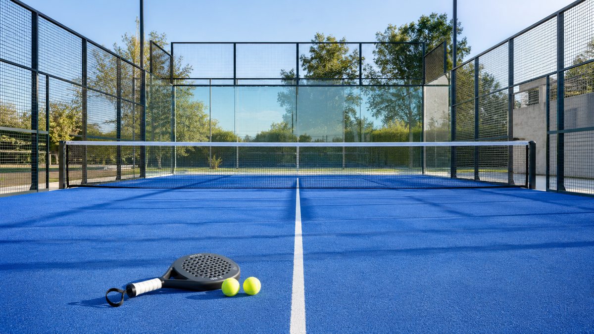 Lapangan padel outdoor yang kosong dengan permukaan biru bergaris putih, dinding kaca dan pagar jaring, satu raket padel dan dua bola kuning tergeletak di dekat net